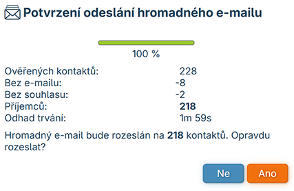 Potvrzení odeslání hromadného emailu