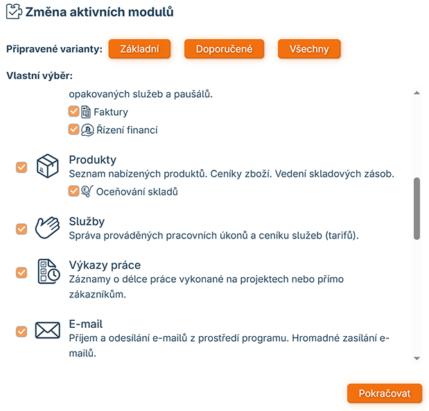 Nastavení modulů