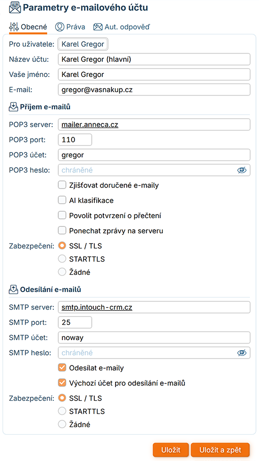 Parametry e-mailoveho účtu