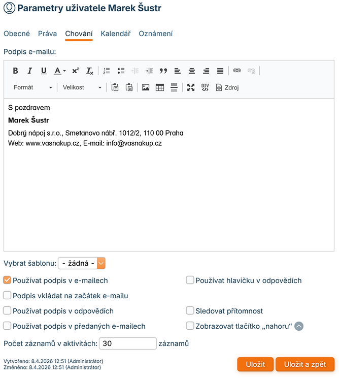 Nastavení uživatele - chování