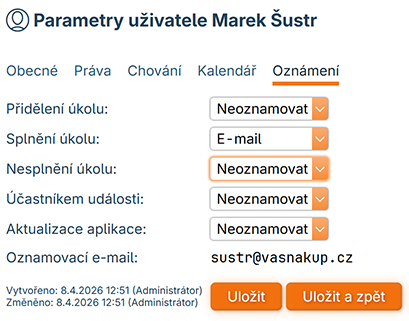 Nastavení uživatele - oznámení