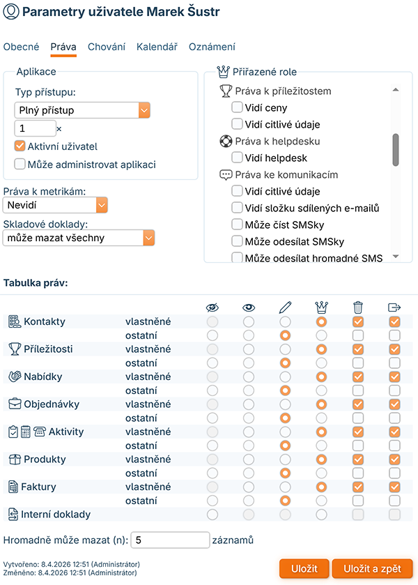 nastavení uživatele - práva