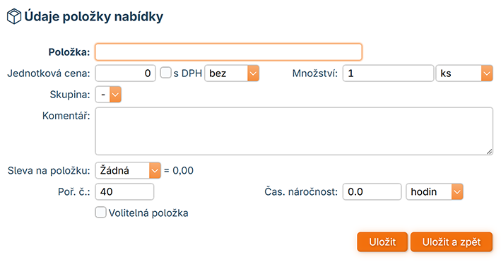 Údaje položky nabídky