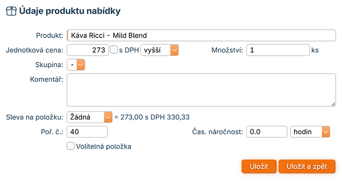 Údaje produktu nabídky
