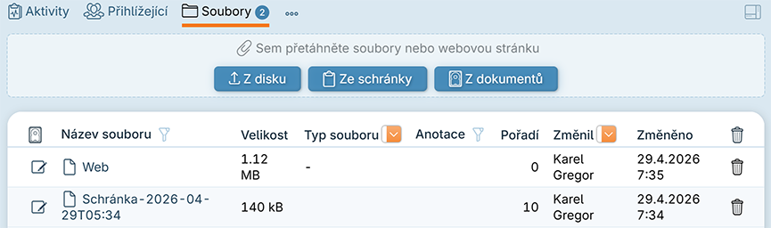 Soubory u záznamu