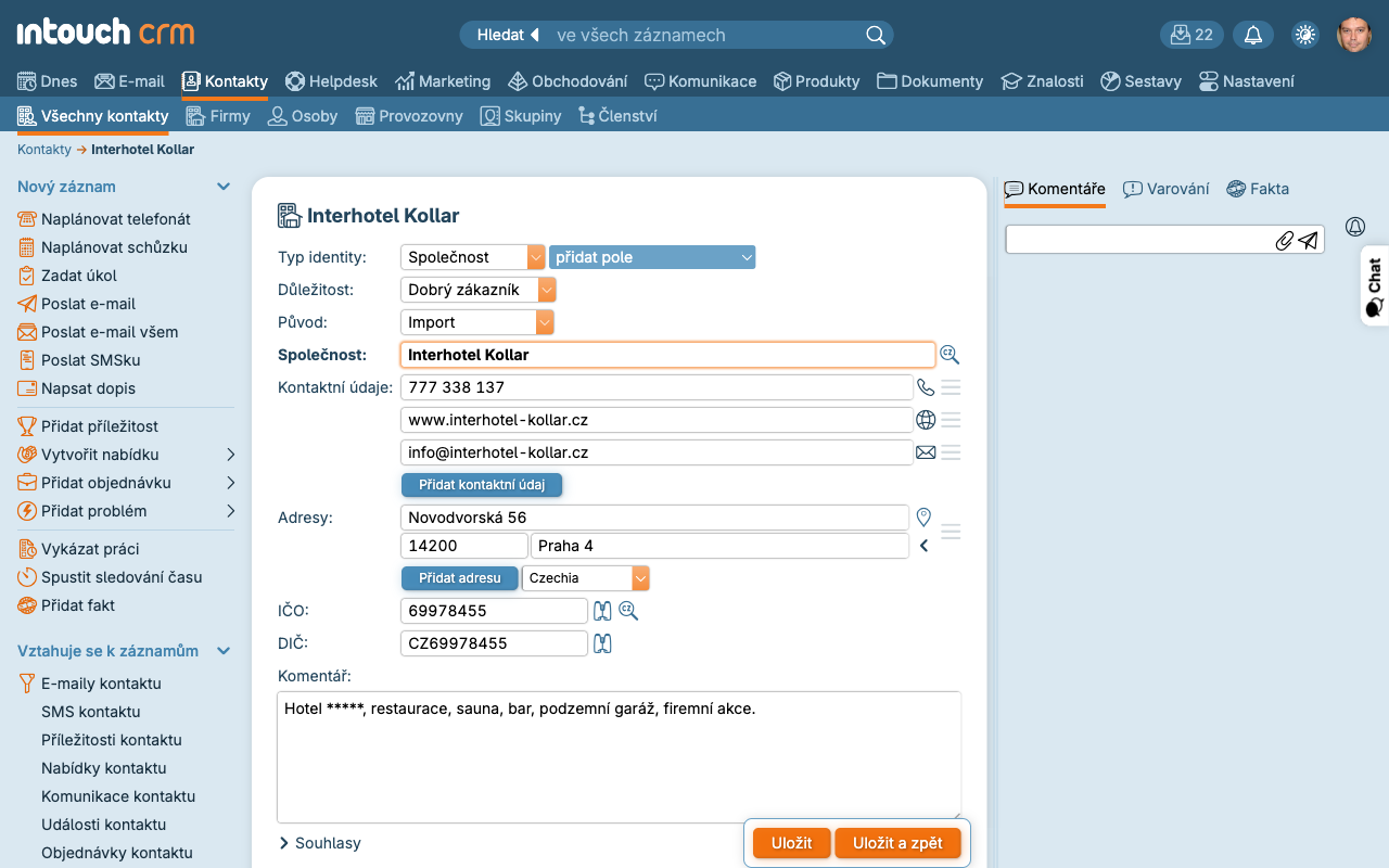 Detail kontaktu — formulář, postranní panel a boční záložky