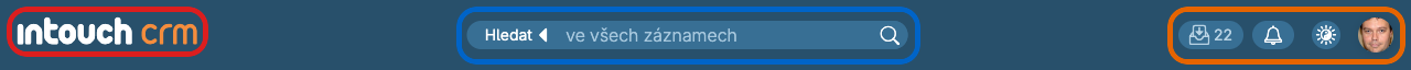 Záhlaví aplikace — logo, vyhledávání, oznámení a profil