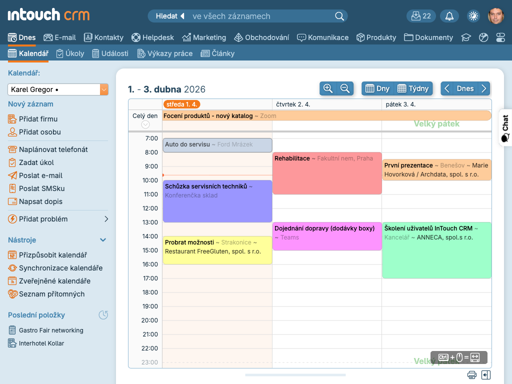 Hlavní obrazovka po přihlášení — sekce Dnes
