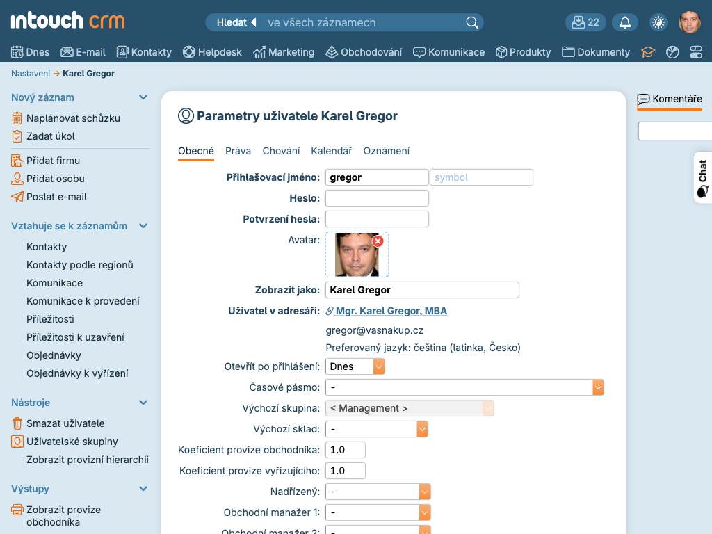 Profil uživatele — základní údaje