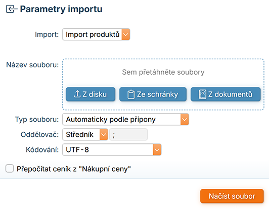 Parametry importu
